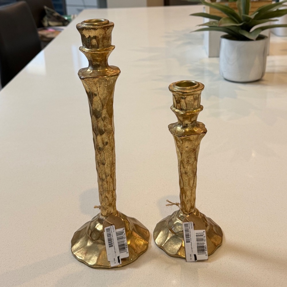 Antique Gold Resin Taper Candle Holder Set 2 Hammered Textured 11in 8.5in A75175